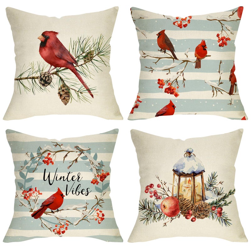 Fjfz Winter Vibes Cardinal Red Birds Decorative Throw Pillow Cover 18x18 Set of 4  Berry Wreath Pine Cones Kerosene Lamp Home Christmas Decoration  Snow Farmhouse Cushion Case for Sofa Couch Decors - Image 1